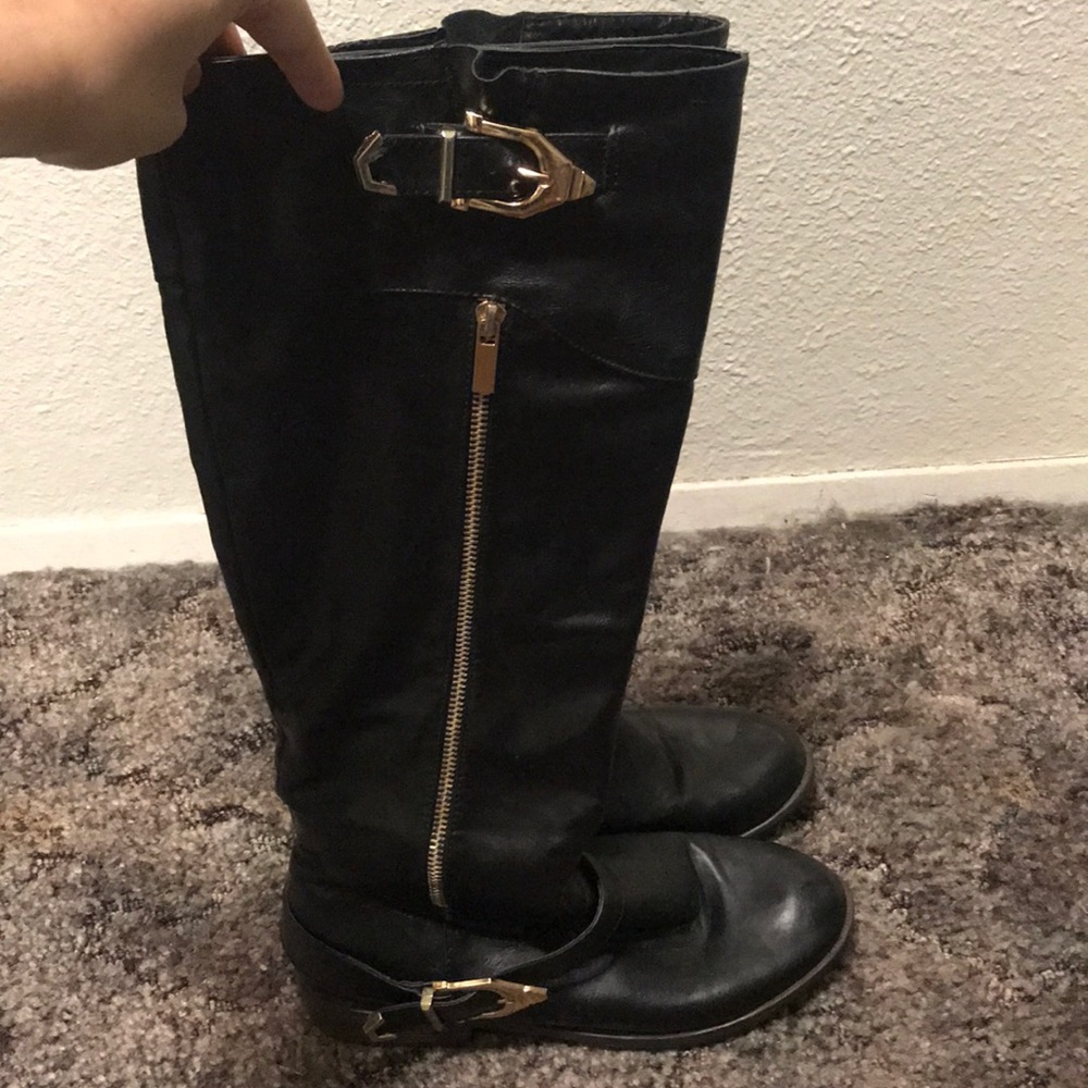 Black knee high boots with gold buckles/zipper